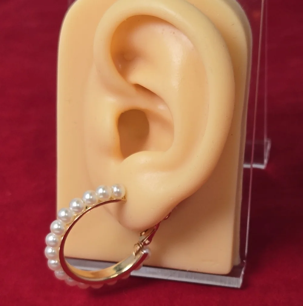 Gold Pearl Hoop Earrings Faux Pearl Trim Hinged Hoops Elegant Quiet Luxury Chic